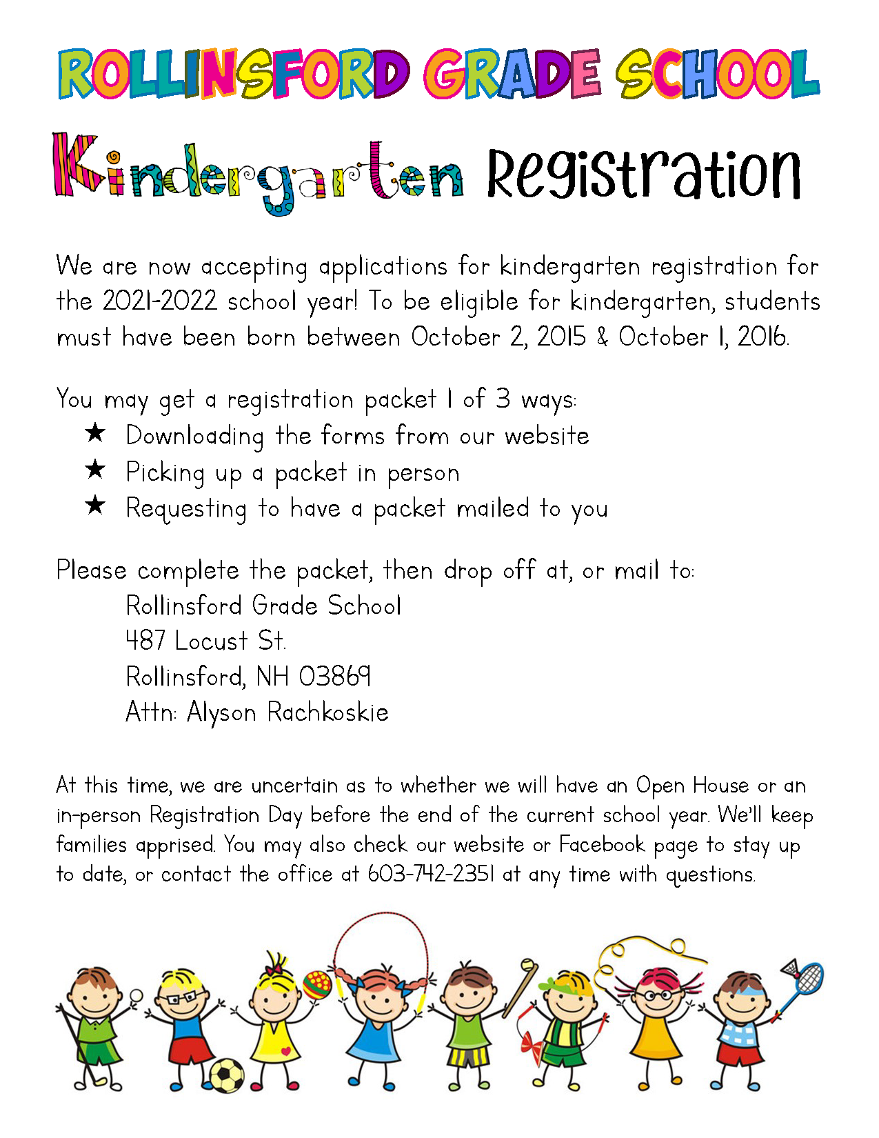 Kindergarten Registration Information | Town of Rollinsford