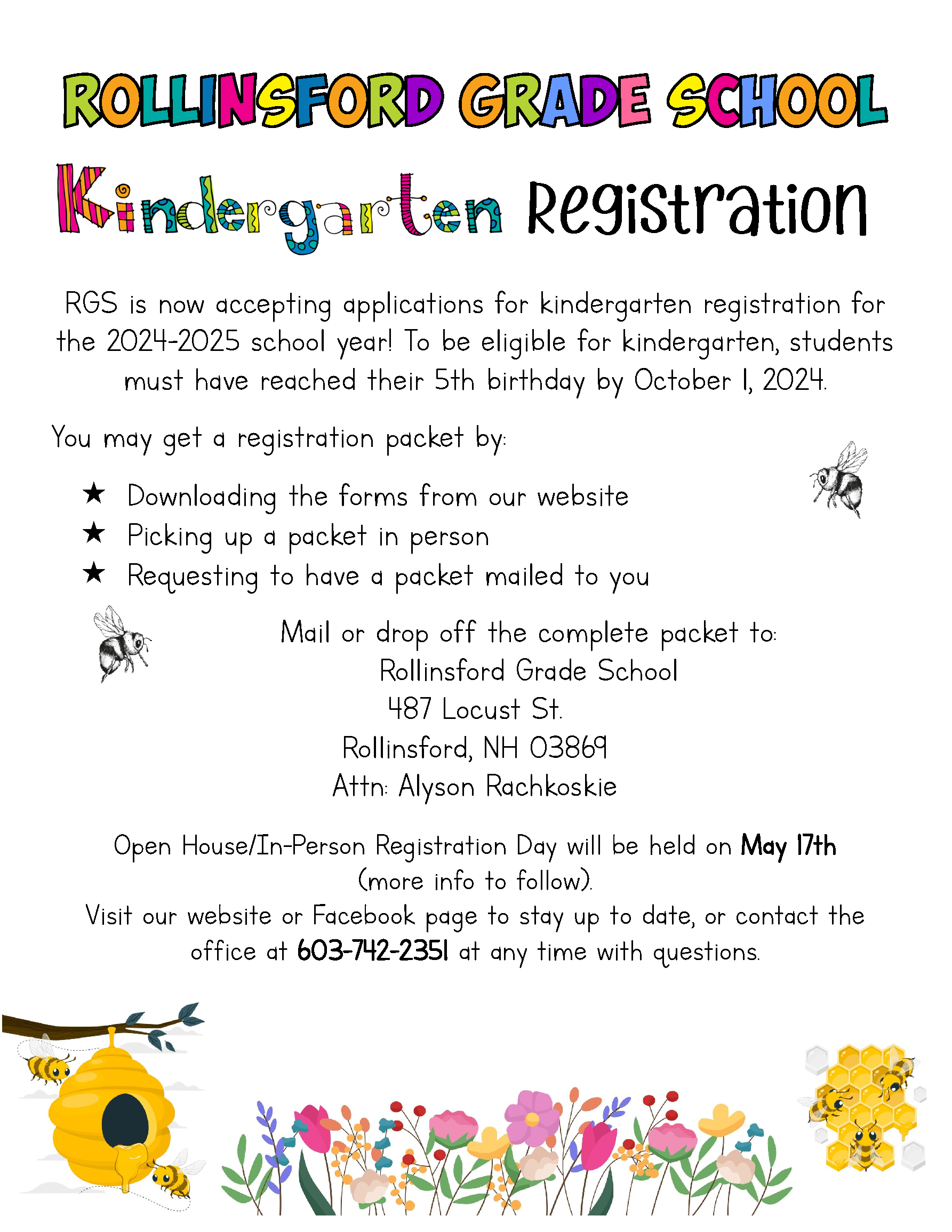 Kindergarten Registration Town of Rollinsford